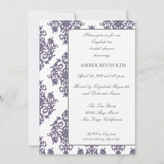 Elegant Damask Bridal Shower Invitation-eggplant Kaart (Voorkant)