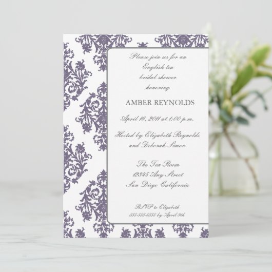 Elegant Damask Bridal Shower Invitation-eggplant Kaart (Staand voorkant)