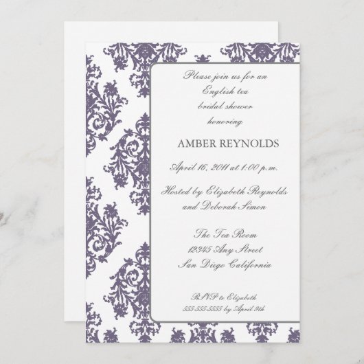 Elegant Damask Bridal Shower Invitation-eggplant Kaart (Voorkant / Achterkant)