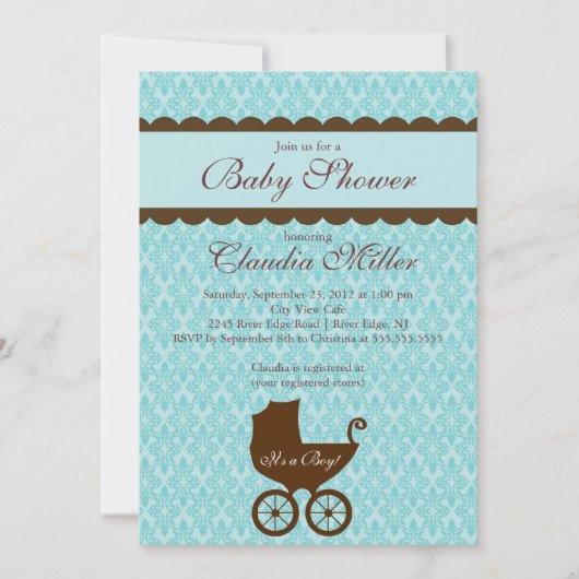 Elegant Damask Carriage Boy Baby shower Invitation Kaart (Voorkant)