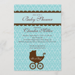 Elegant Damask Carriage Boy Baby shower Invitation Kaart