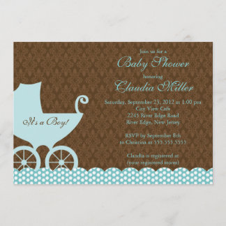 Elegant Damask Carriage Boy Baby shower Invitation Kaart