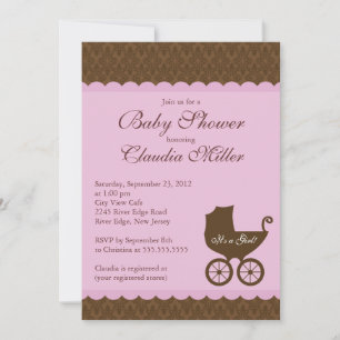 Elegant Damask Carriage Gir Baby shower Invitation Kaart