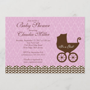 Elegant Damask Carriage Girl Baby shower Kaart