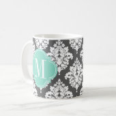 Elegant Damask Charcoal Aqua Custom Monogramed Koffiemok (Voorkant links)