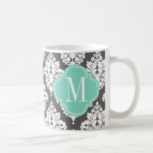 Elegant Damask Charcoal Aqua Custom Monogramed Koffiemok