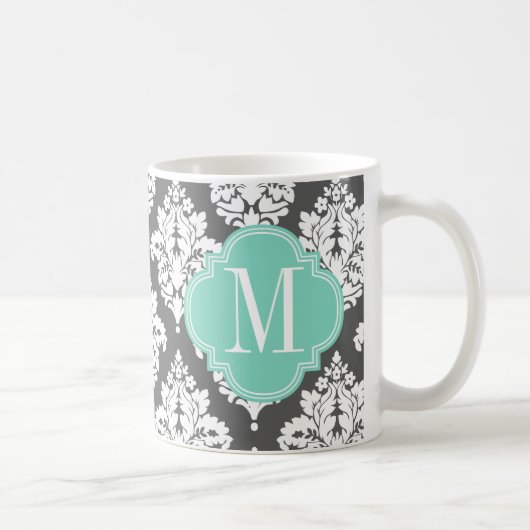Elegant Damask Charcoal Aqua Custom Monogramed Koffiemok (Rechts)