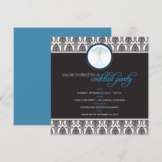Elegant Damask Cocktail Party Invitation (blauw) Kaart (Voorkant / Achterkant)