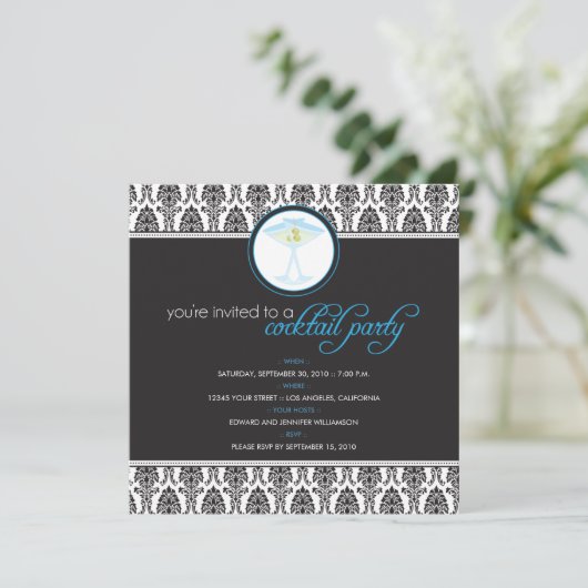 Elegant Damask Cocktail Party Invitation (blauw) Kaart (Staand voorkant)