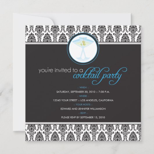 Elegant Damask Cocktail Party Invitation (blauw) Kaart (Voorkant)