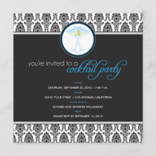 Elegant Damask Cocktail Party Invitation (blauw) Kaart