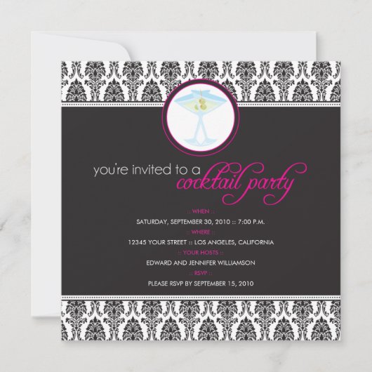 Elegant Damask Cocktail Party Invitation (fuschia) Kaart (Voorkant)