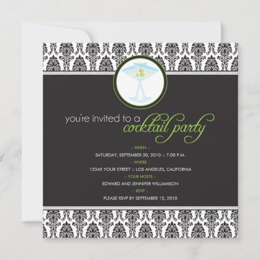 Elegant Damask Cocktail Party Invitation (limoen) Kaart (Voorkant)
