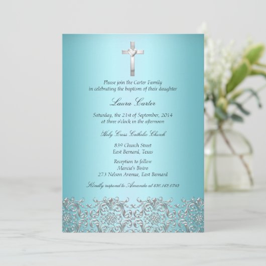 Elegant Damask & Cross Blauwgroen Baptism/Christen Kaart (Staand voorkant)