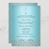 Elegant Damask & Cross Blauwgroen Baptism/Christen Kaart (Voorkant / Achterkant)