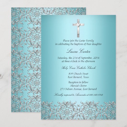 Elegant Damask & Cross Blauwgroen Baptism/Christen Kaart (Voorkant / Achterkant)