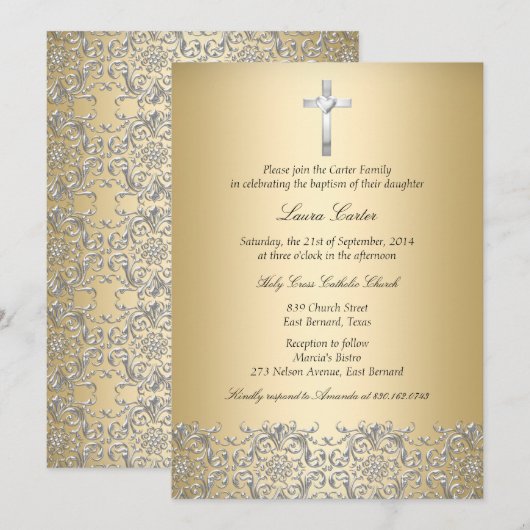 Elegant Damask Cross Gold Baptism/Christening Kaart (Voorkant / Achterkant)