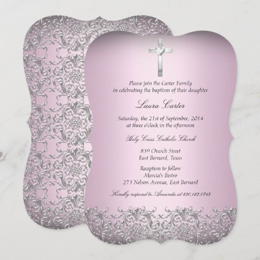 Elegant Damask & Cross Pink Baptism/Christening 2 Kaart (Voorkant / Achterkant)