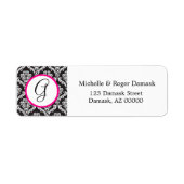 Elegant Damask Custom Monogram Black White Roze Etiket (Voorkant)