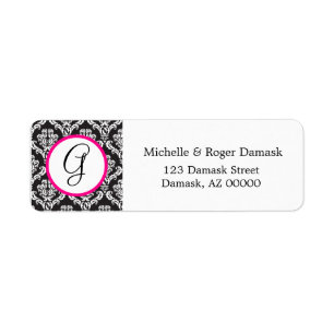 Elegant Damask Custom Monogram Black White Roze Etiket