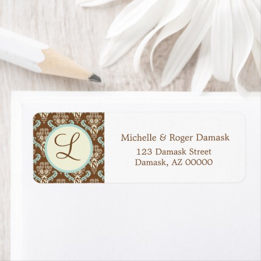 Elegant Damask Custom Monogram Bruin Blauw Etiket (Insitu)
