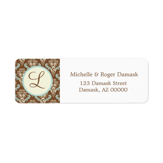 Elegant Damask Custom Monogram Bruin Blauw Etiket (Voorkant)