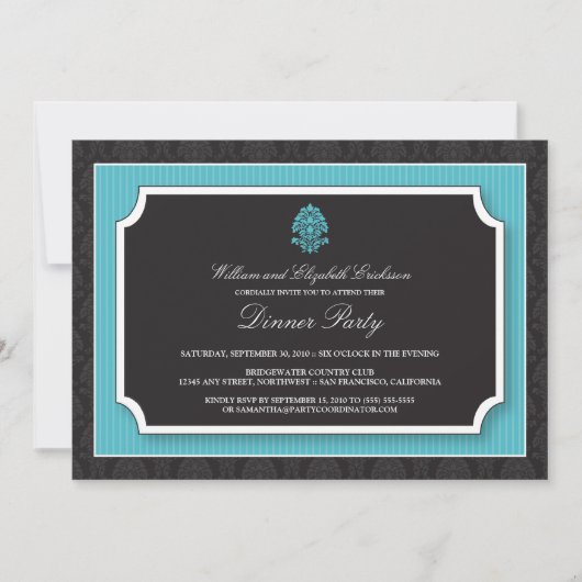 Elegant Damask Dinner Party Invitation (aqua) Kaart (Voorkant)