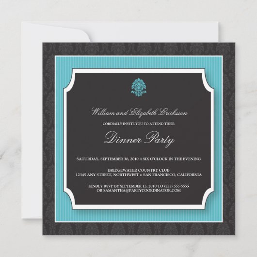 Elegant Damask Dinner Party Invitation (aqua) Kaart (Voorkant)
