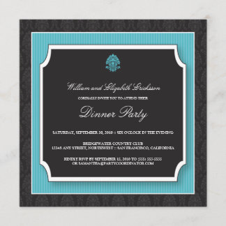 Elegant Damask Dinner Party Invitation (aqua) Kaart