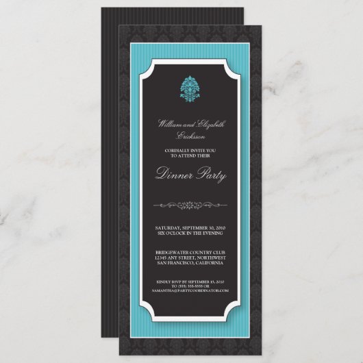 Elegant Damask Dinner Party Invitation (aqua) Kaart (Voorkant / Achterkant)