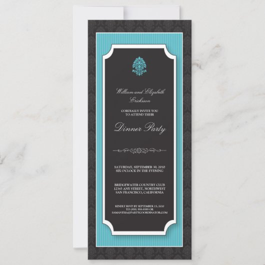 Elegant Damask Dinner Party Invitation (aqua) Kaart (Voorkant)