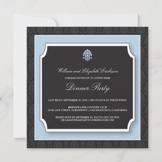 Elegant Damask Dinner Party Invitation (blauw) Kaart (Voorkant)