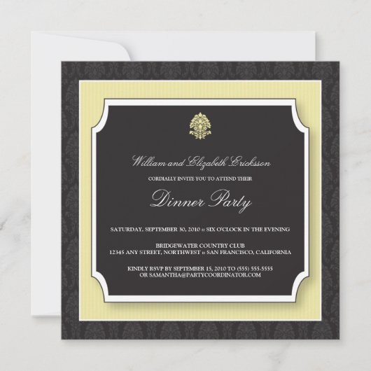 Elegant Damask Dinner Party Invitation (ivoor) Kaart (Voorkant)