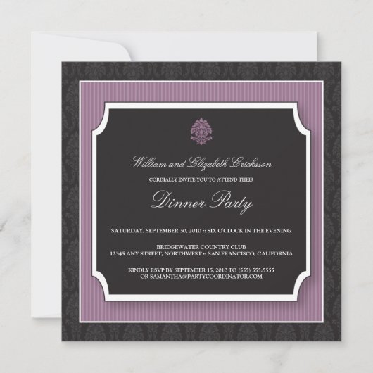 Elegant Damask Dinner Party Invitation (paars) Kaart (Voorkant)