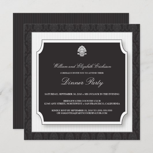 Elegant Damask Dinner Party Invitation (wit) Kaart (Voorkant / Achterkant)