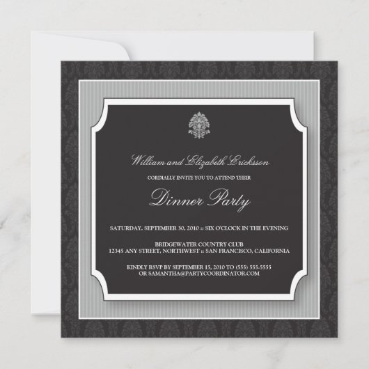 Elegant Damask Dinner Party Invitation (zilver) Kaart (Voorkant)