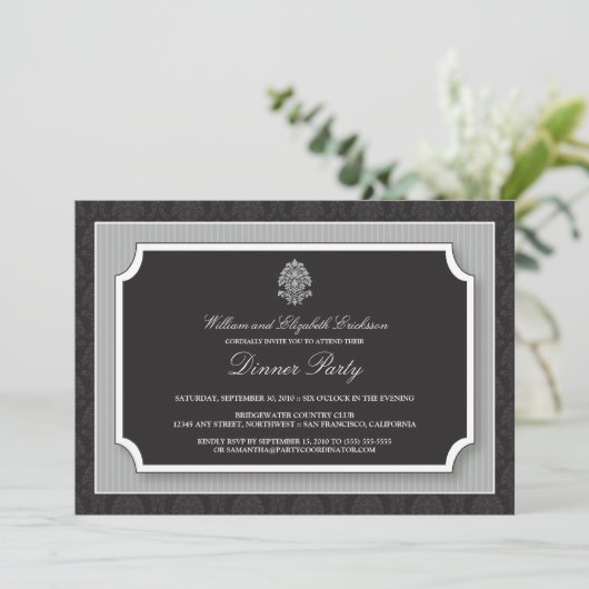 Elegant Damask Dinner Party Invitation (zilver) Kaart (Staand voorkant)