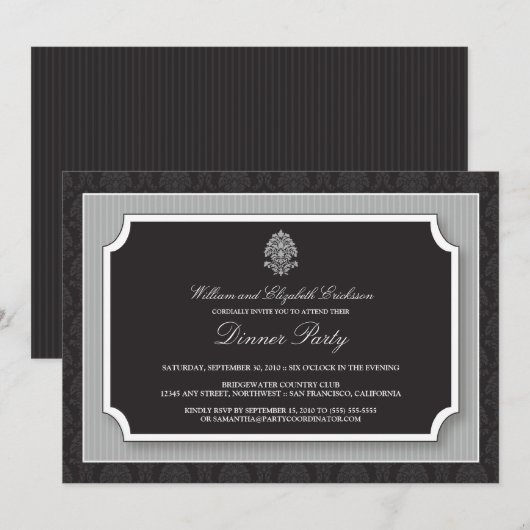 Elegant Damask Dinner Party Invitation (zilver) Kaart (Voorkant / Achterkant)