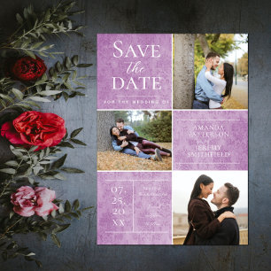 Elegant Damask Drie Foto Magenta slaat de datum Save The Date