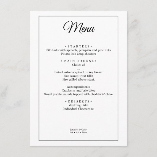 Elegant Damask Eenvoudig Minimaal Bruiloft Menu (Voorkant)