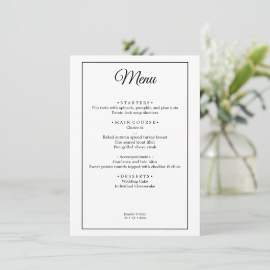 Elegant Damask Eenvoudig Minimaal Bruiloft Menu (Staand voorkant)