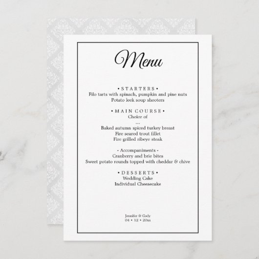 Elegant Damask Eenvoudig Minimaal Bruiloft Menu (Voorkant / Achterkant)