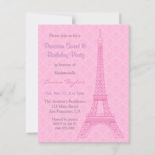 Elegant Damask Eiffel Tower Paris Birthday Party Kaart (Voorkant)