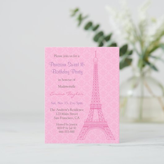 Elegant Damask Eiffel Tower Paris Birthday Party Kaart (Staand voorkant)
