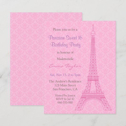 Elegant Damask Eiffel Tower Paris Birthday Party Kaart (Voorkant / Achterkant)
