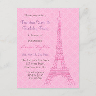 Elegant Damask Eiffel Tower Paris Birthday Party Kaart
