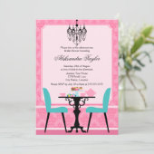 Elegant Damask en Chandelier Pink Aqua Tea Party Kaart (Staand voorkant)