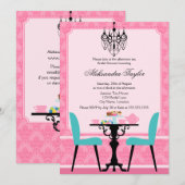 Elegant Damask en Chandelier Pink Aqua Tea Party Kaart (Voorkant / Achterkant)