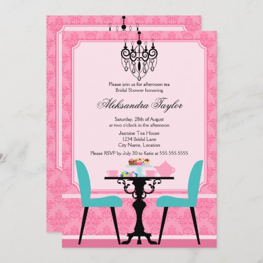 Elegant Damask en Chandelier Pink Aqua Tea Party Kaart (Voorkant / Achterkant)