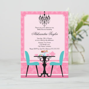 Elegant Damask en Chandelier Pink Aqua Tea Party Kaart